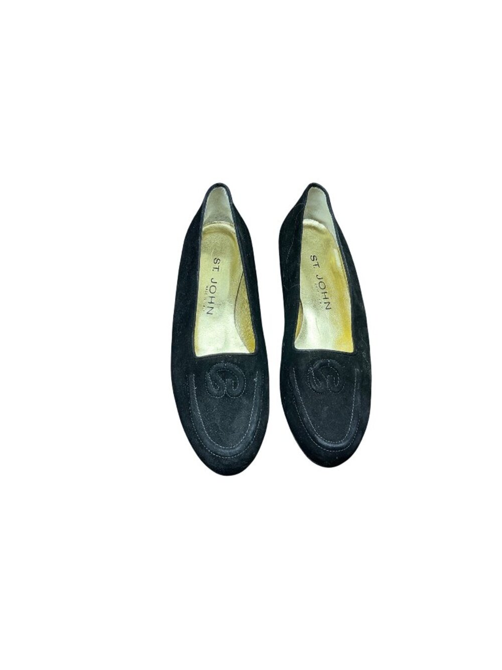 St. John Black Suede Loafers Flats Slip On Shoes Logo Detail Size 6.5B